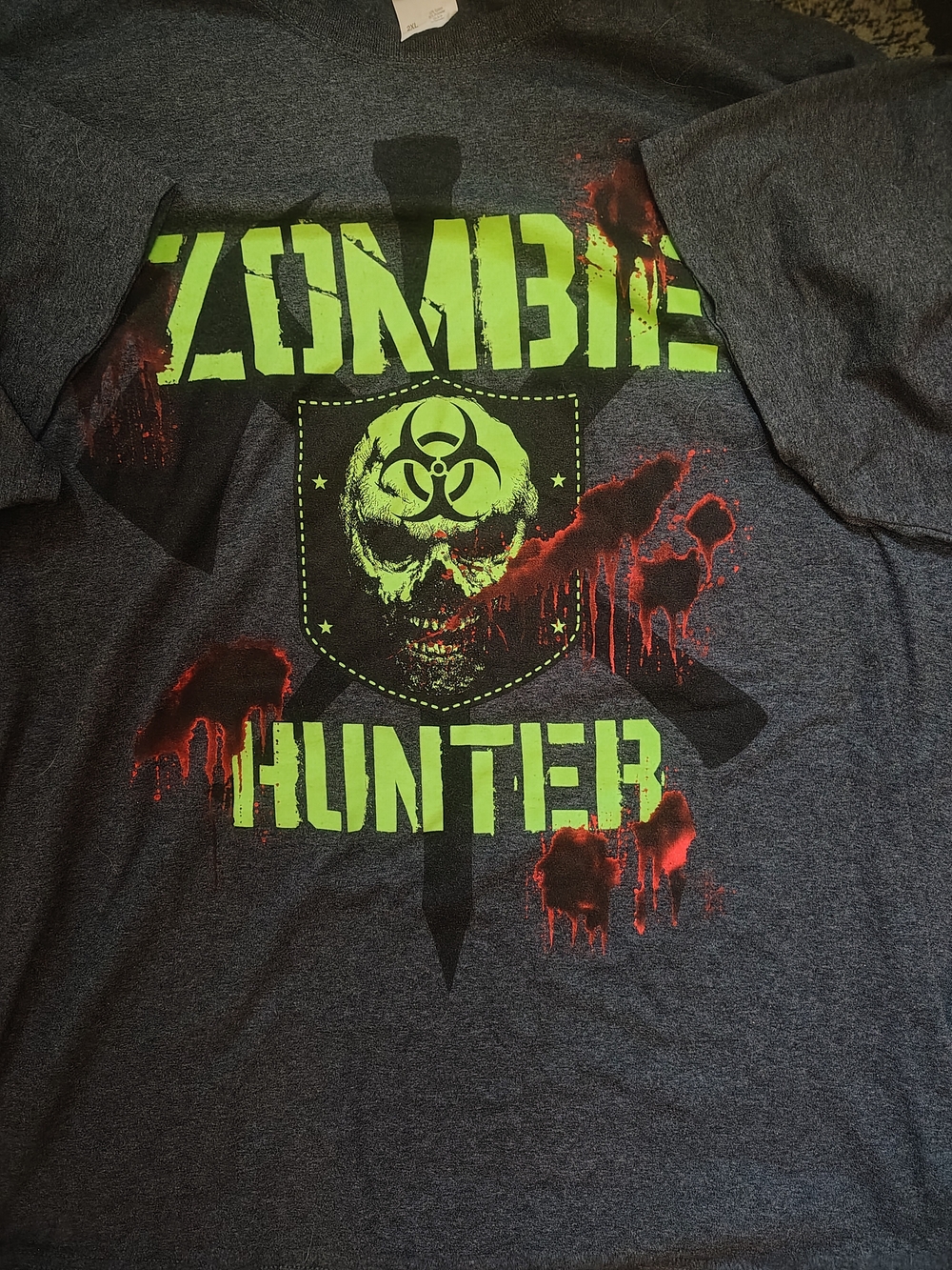 Men's Short Sleeve Zombie Hunter Graphic Tee - Dark Gray with Neon Green & Red